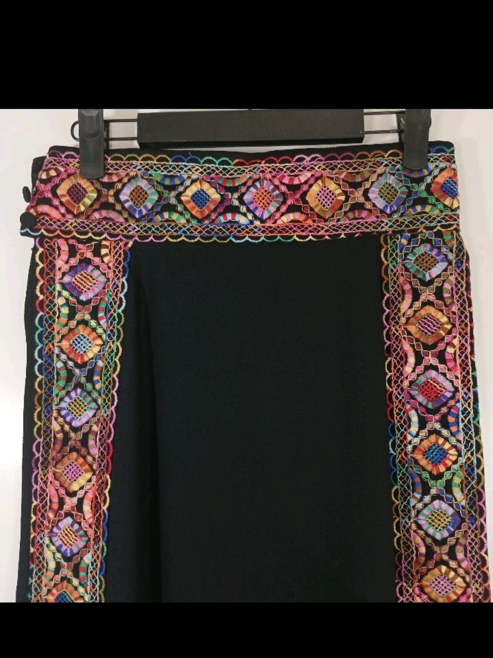 Jack Bryan By Dupuis Embroidered Black Maxi Skirt w/ Multicolor Trim Open Sided